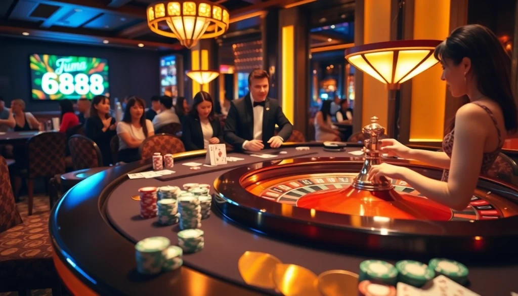 Players enjoying a high-stakes game at the Fun88 casino with vibrant chips and cards.