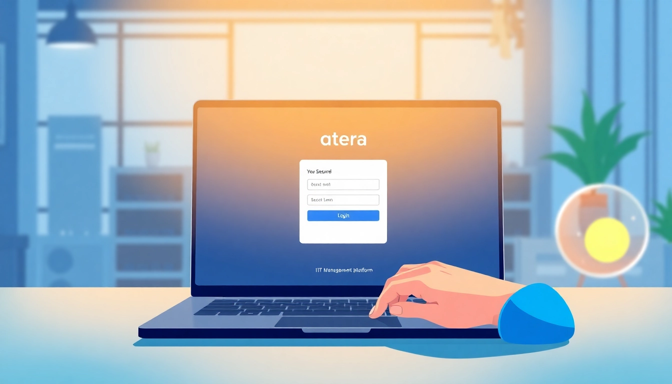 Atera login process demonstrated on a laptop screen in a modern office setting.
