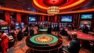 High-energy sports betting scene at W 88 casino, featuring poker tables and vibrant slot machines.