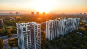 View of Tampines St 95 EC condominiums surrounded by natural landscapes and vibrant sunset.