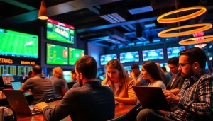 Engaged bettors discussing sports betting in Manitoba with dynamic atmosphere.