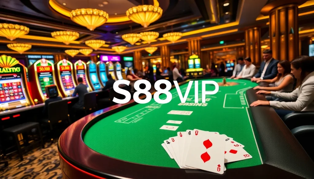 S88VIP - Experience the excitement of casino games with vibrant slot machines and a grand roulette table.