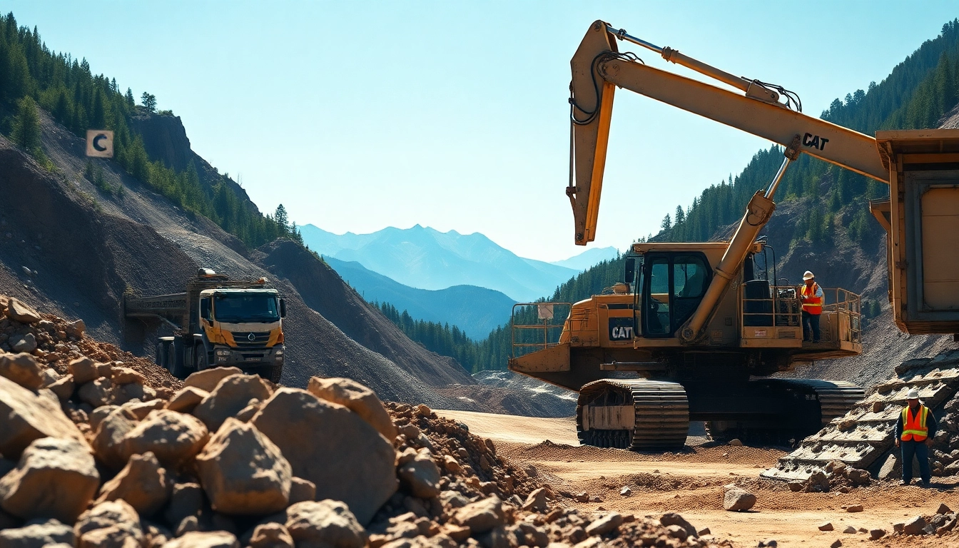 Workers operating heavy machinery in active mines showcasing a vibrant mining site.