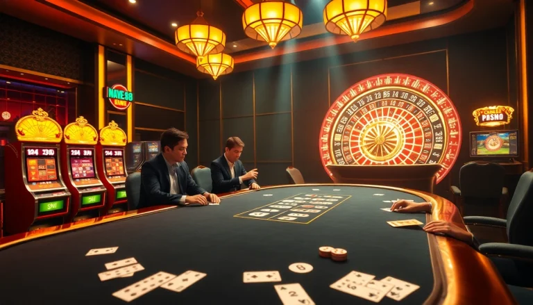 Experience the thrill of Nhà cái NEW88 with vibrant casino visuals featuring poker tables.