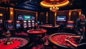 Experience luxury gaming with XX88 at a vibrant baccarat table surrounded by exciting casino elements.
