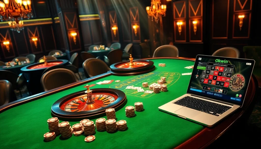 Experience thrilling moments at Okwin with a vibrant casino table setting and engaged players.