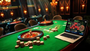 Experience thrilling moments at Okwin with a vibrant casino table setting and engaged players.