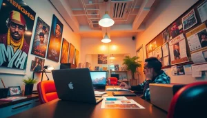 Dynamic scene of a hip hop publicist engaging with clients and music promotions, showcasing creativity and professionalism.