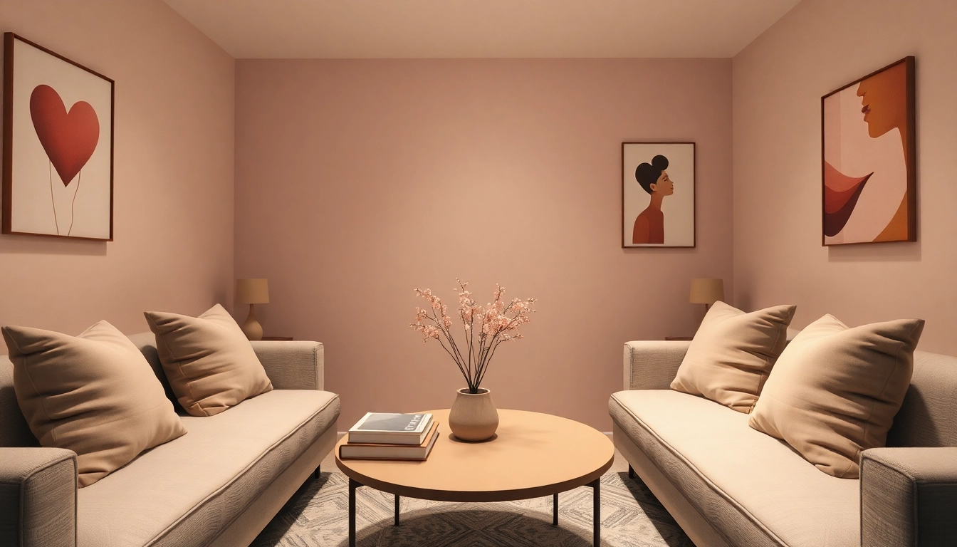 Cozy adult relationship counseling space integrating sex AI technology for personal discussions.