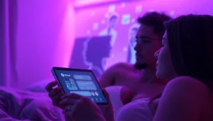 AI sex companionship experience with a modern digital interface and warm ambient lighting.