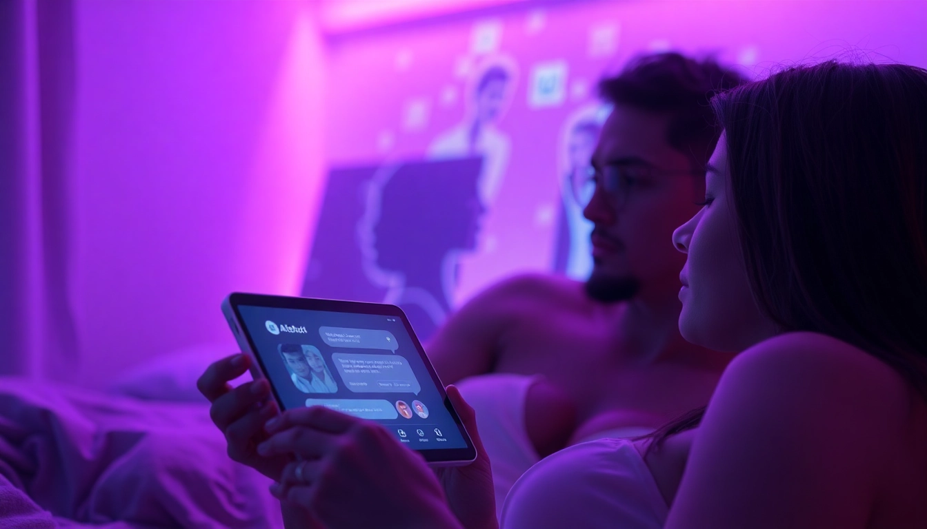 AI sex companionship experience with a modern digital interface and warm ambient lighting.