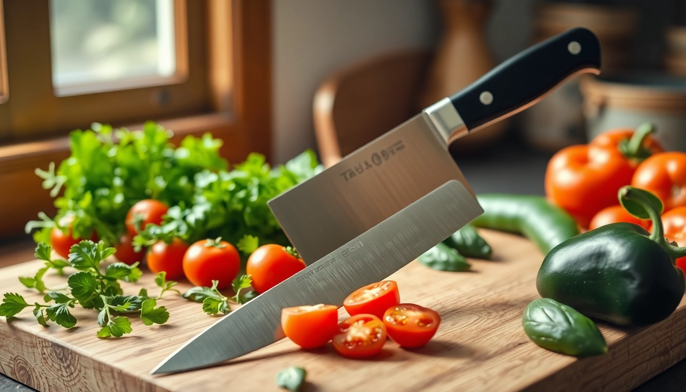 Discover how to choose a chef’s knife with a professional knife on a cutting board amidst fresh vegetables.