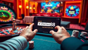 Khela88 voucher code displayed on a stylish online casino interface with poker chips and roulette.