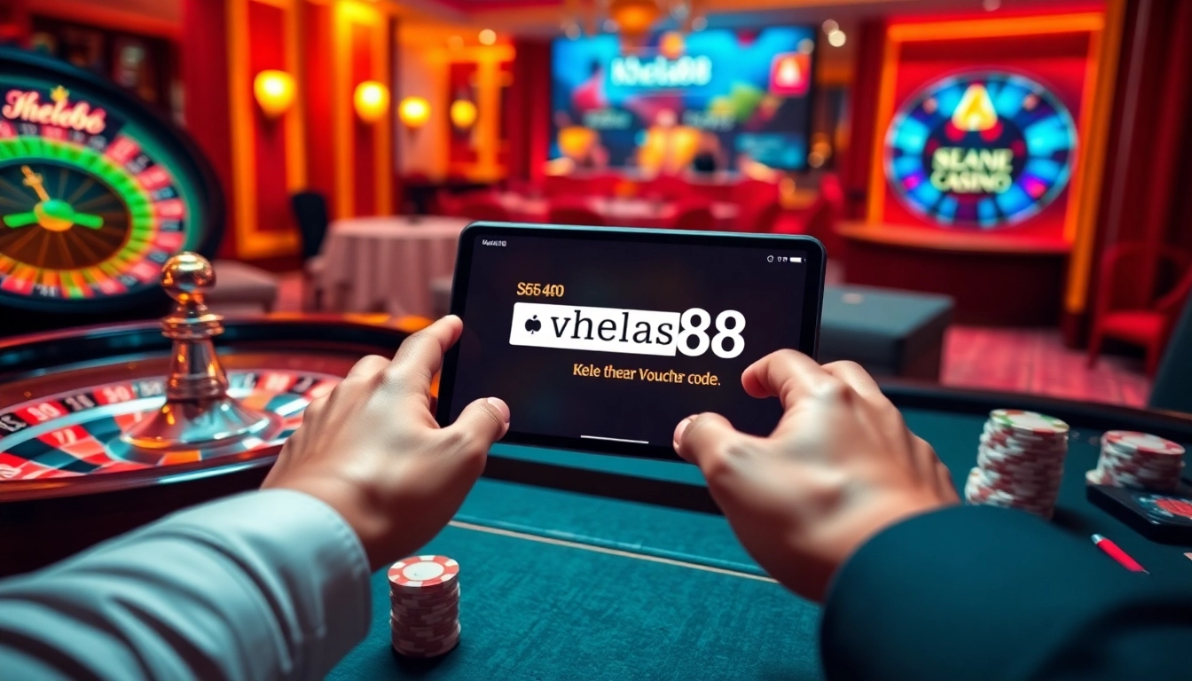 Khela88 voucher code displayed on a stylish online casino interface with poker chips and roulette.