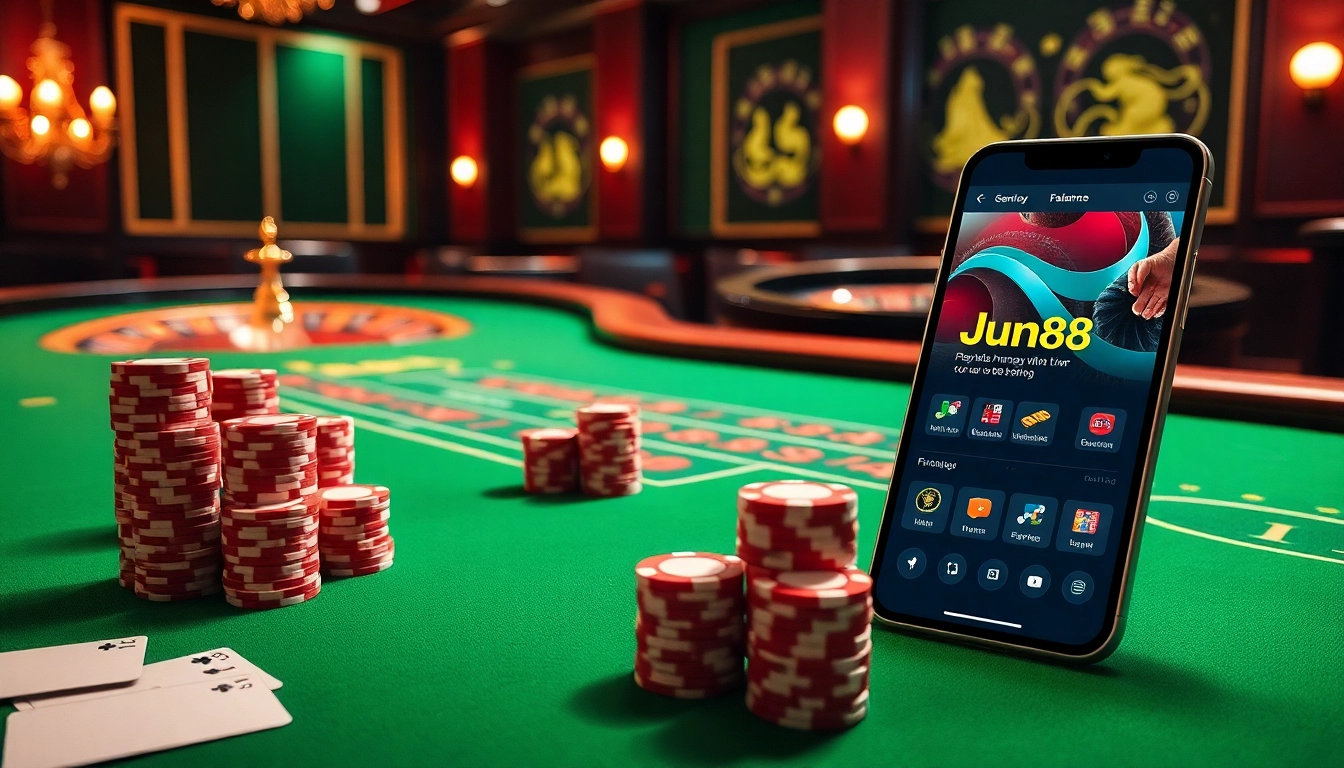 Immerse in the excitement of link jun88 with a luxurious baccarat table and vibrant casino atmosphere.