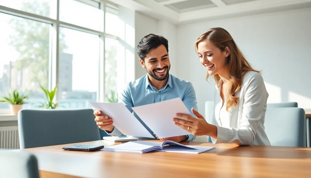 Engaged couple reviewing documents for their esta application in a modern office.