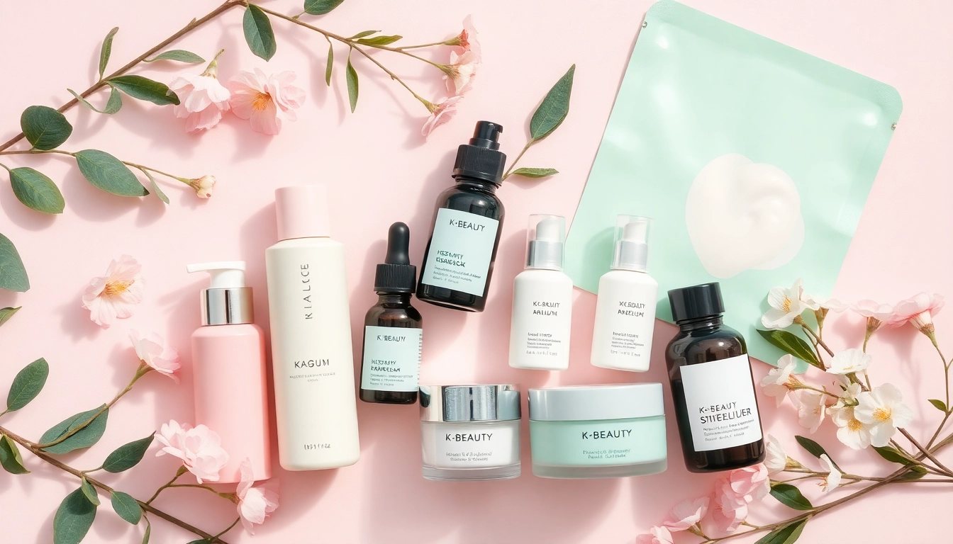 K-Beauty-produkter i Sverige visas vackert i en flat lay, med trendiga hudvårdsprodukter och organiska element.