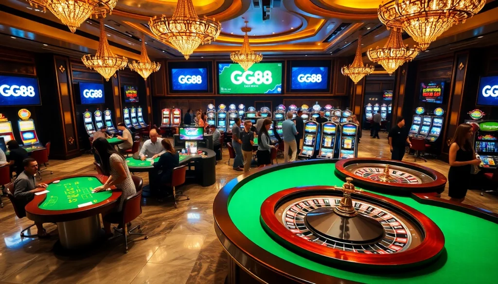 GG88 logo shines over a vibrant casino scene with exciting players at roulette tables.