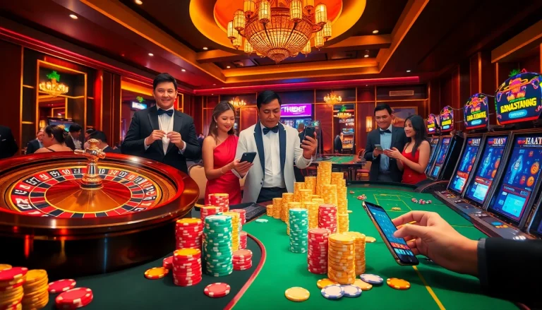 Exciting gambling scene at Nhà Cái THABET with poker chips, roulette wheel, and slot machines