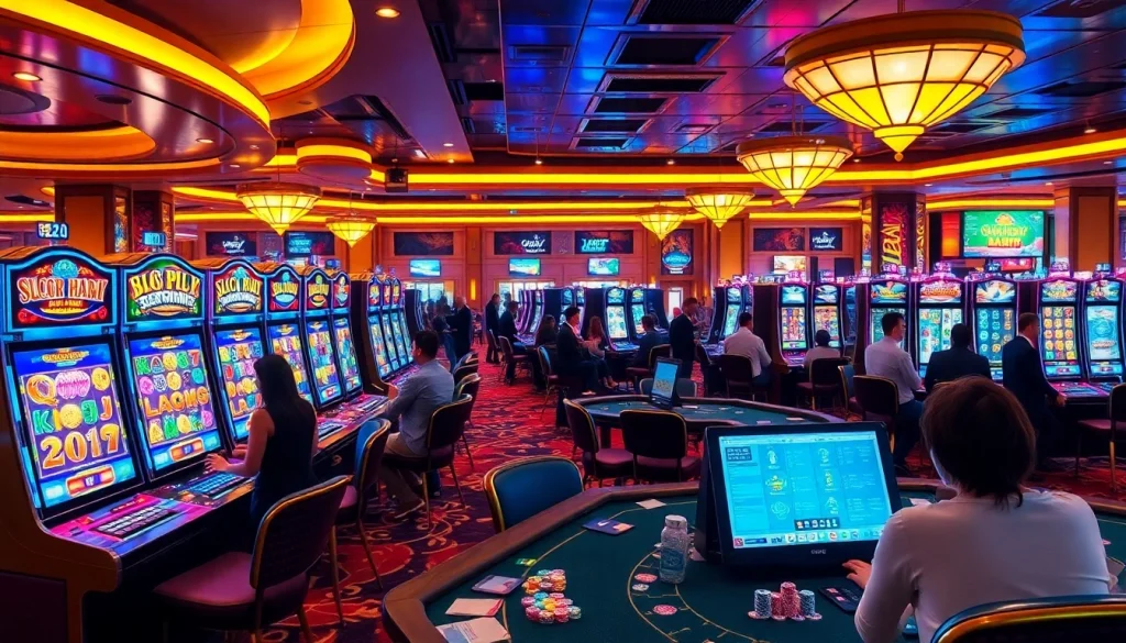 Experience the excitement of Slot Gacor Hari ini in a luxurious casino setting with vibrant slot machines.