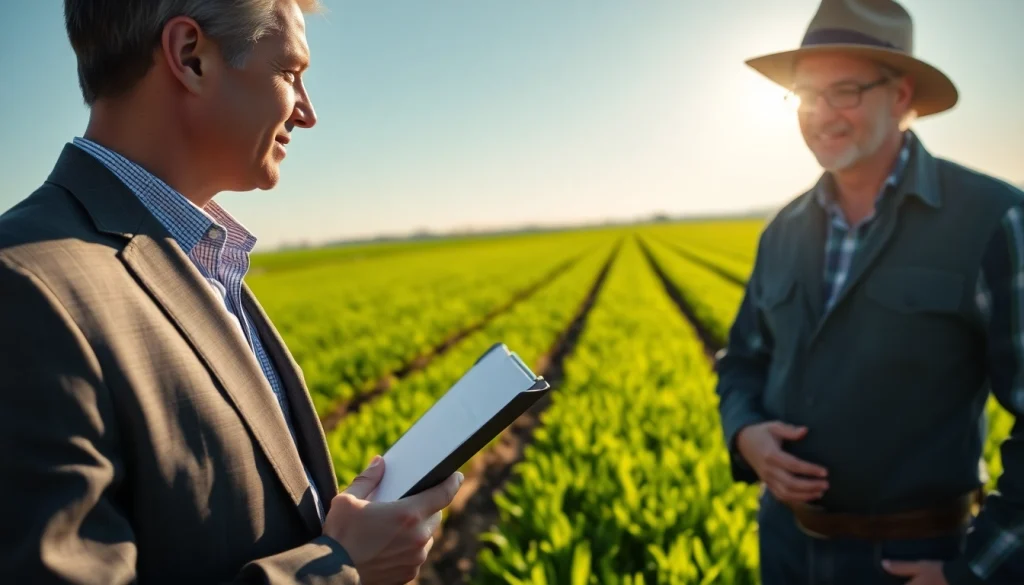 Engaged agriculture lawyer advising a farmer on legal matters about land use.