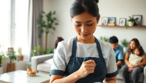 Indonesian maid engaging with a family in a cozy home environment, showcasing compassion and care.