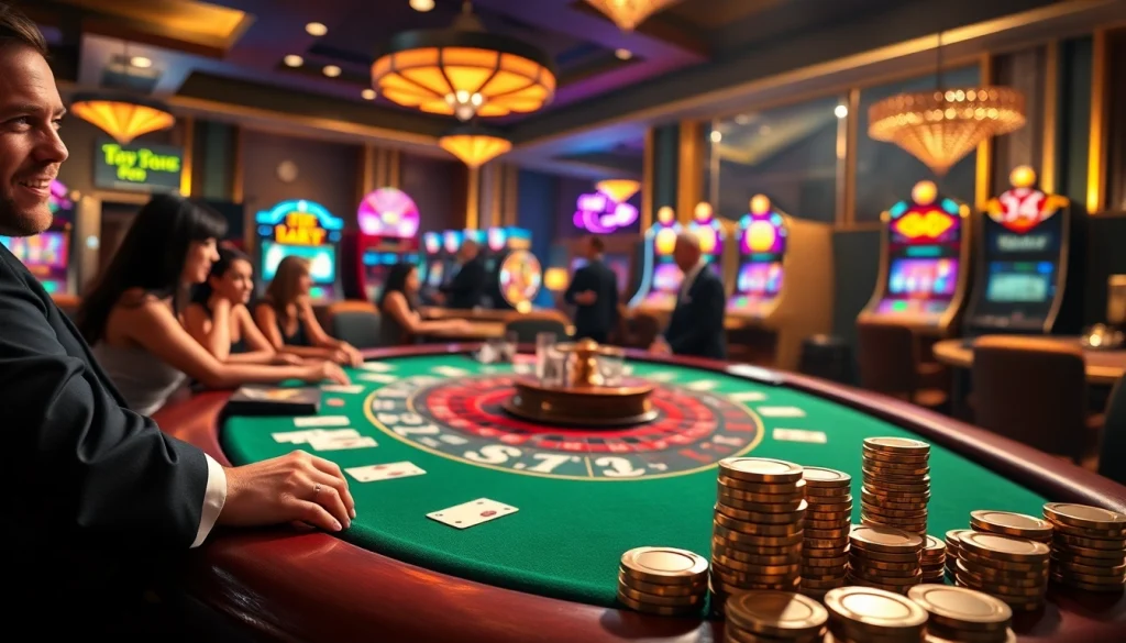 Experience the thrill of high-stakes gambling at https://bl555.direct/ with excited players at a luxury blackjack table.