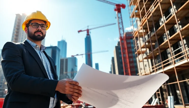 New York Construction Manager overseeing an urban construction site with blueprints.