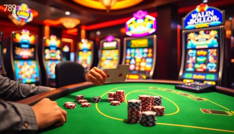 Action-packed gaming scene at nhà cái 789win with poker chips and slot machines.
