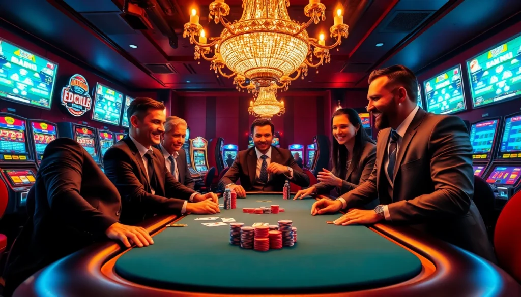 Gamblers enjoying a thrilling poker game at https://kjc.onl/, surrounded by vibrant casino elements.