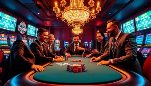 Gamblers enjoying a thrilling poker game at https://kjc.onl/, surrounded by vibrant casino elements.