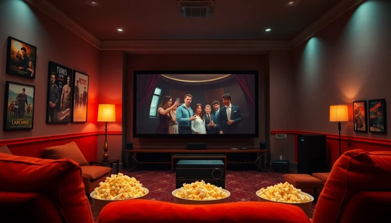 Cozy home theater showcasing exciting filme online experience with movie posters and plush seating.