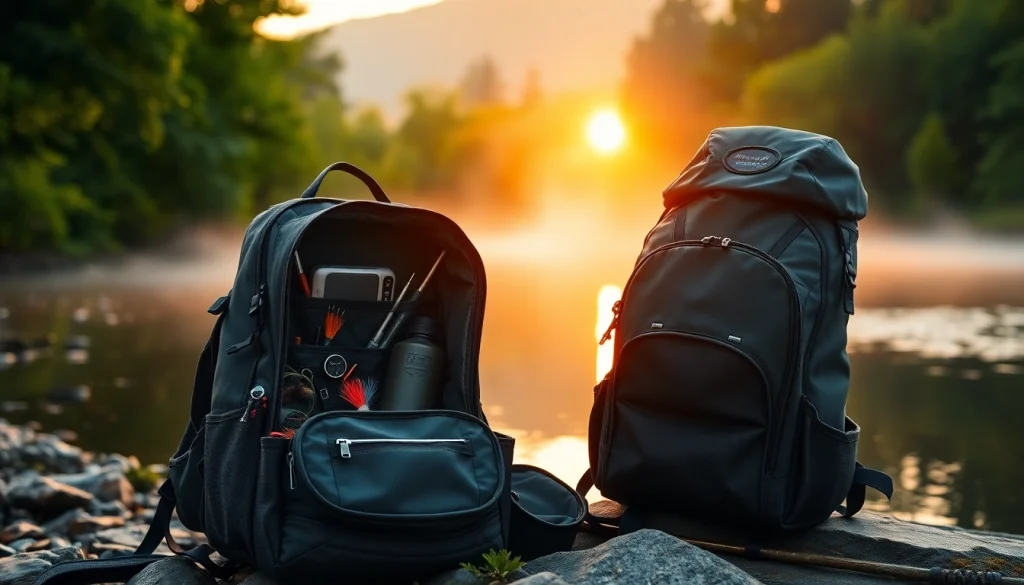 Man adjusting fly fishing backpack by a river with organized fishing gear.