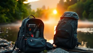 Man adjusting fly fishing backpack by a river with organized fishing gear.