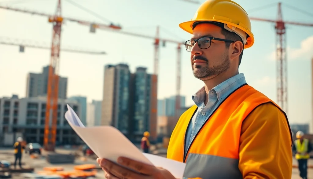New Jersey Construction Manager supervising a busy construction site with blueprints in hand.