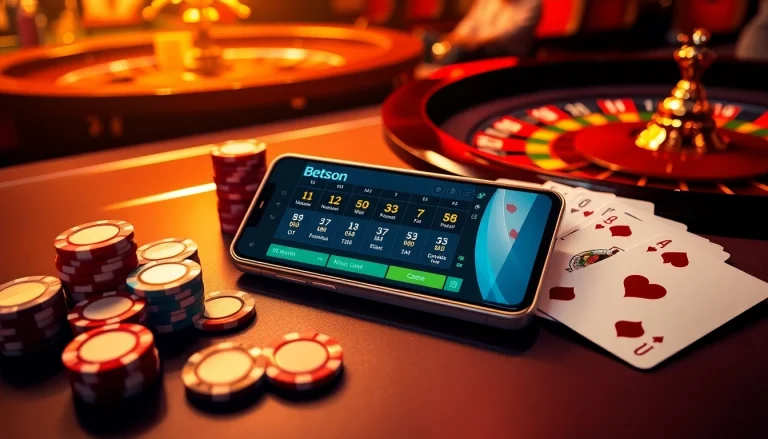 Experience the Betsson App on a luxurious casino table with vibrant poker chips and cards in play.