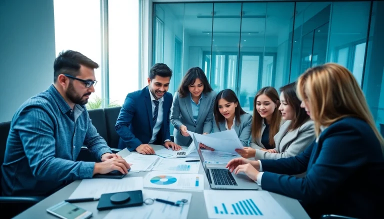 Professional team discussing VAT Services in UAE with financial documents and digital devices.