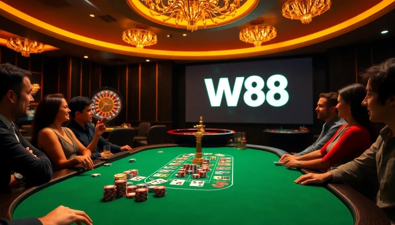 Experience thrilling poker action at W88 casino with vibrant chips and intense gameplay.