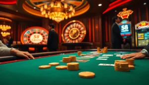 Exciting game at S8 casino with poker chips and cards on a luxurious poker table.