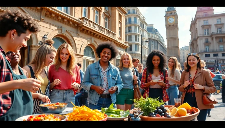 Join a colorful UK Lifestyle Blog scene with individuals enjoying vibrant food and fashion.