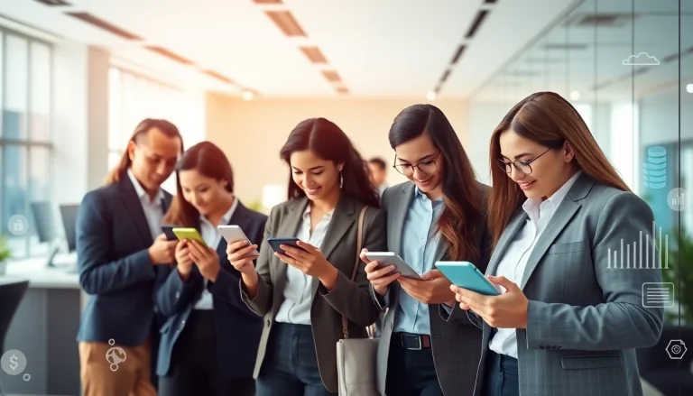 현대적인 사무 환경에서 디지털 기기를 사용하는 다양한 전문가들을 보여주는 소액결제(Micropayment) 거래