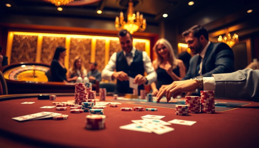 Experience the thrill of Bin88 casino with vibrant tables, poker chips, and engaging dealers.