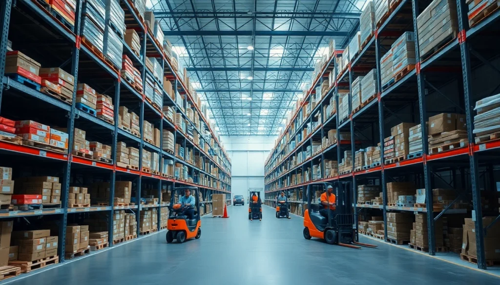 Optimize warehousing operations with a professional setup showcasing organized stock management and workforce activity.