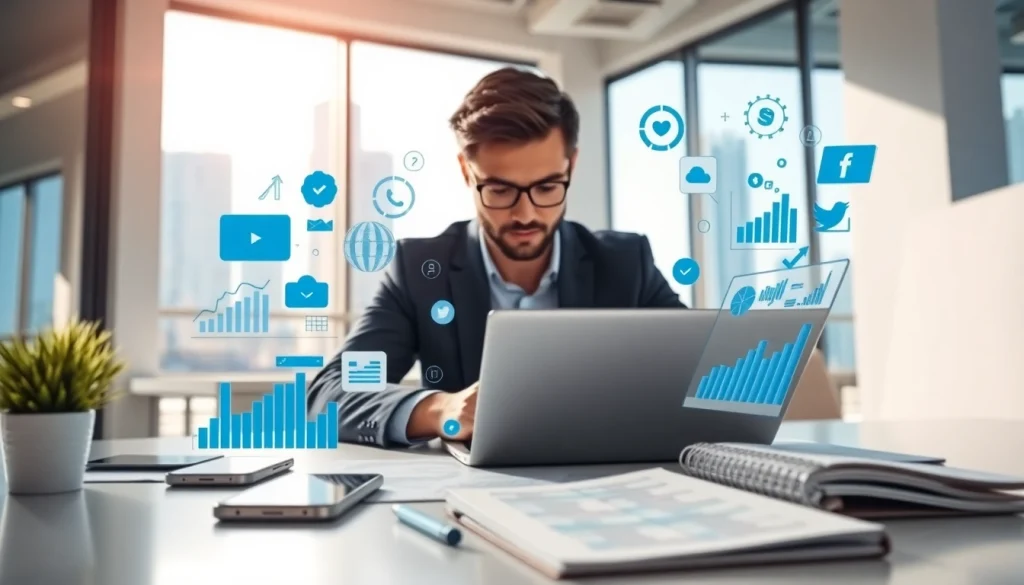 Boost social media visibility with a digital marketing strategist in a bright office setting.