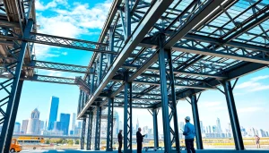 Engineers collaborating on steel structure design with blueprints in a modern workspace.
