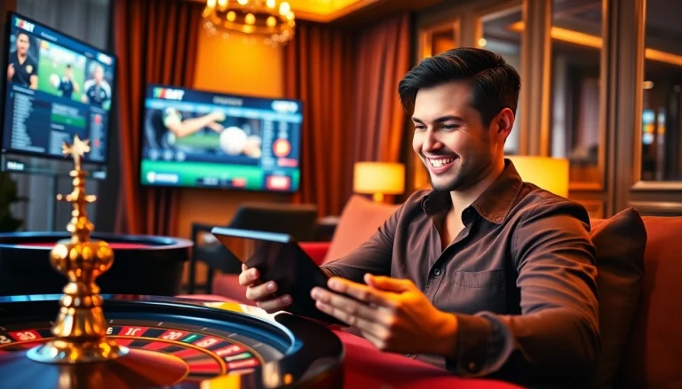 An excited gambler enjoys the thrill of betting with the 67bet App in a modern gaming room filled with casino elements.
