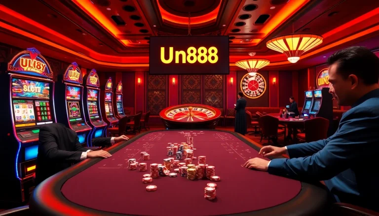 Engage in thrilling games at UU88's luxurious casino scene with professional dealers and vibrant slot machines.