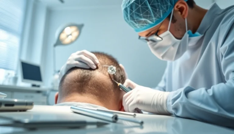 Hair transplant London procedure showing a surgeon delicately performing a grafting technique.