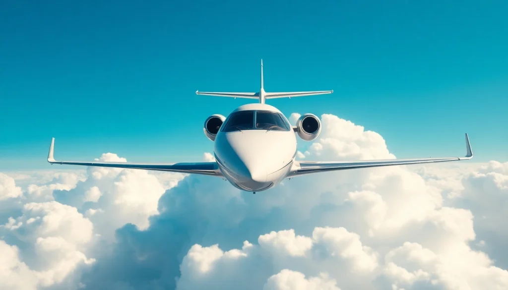 Feel the luxury of flying with https://flymarquis.com aboard a private jet against a clear sky.