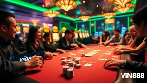 Engage with thrilling casino action at VN88 featuring poker chips and lively gameplay.